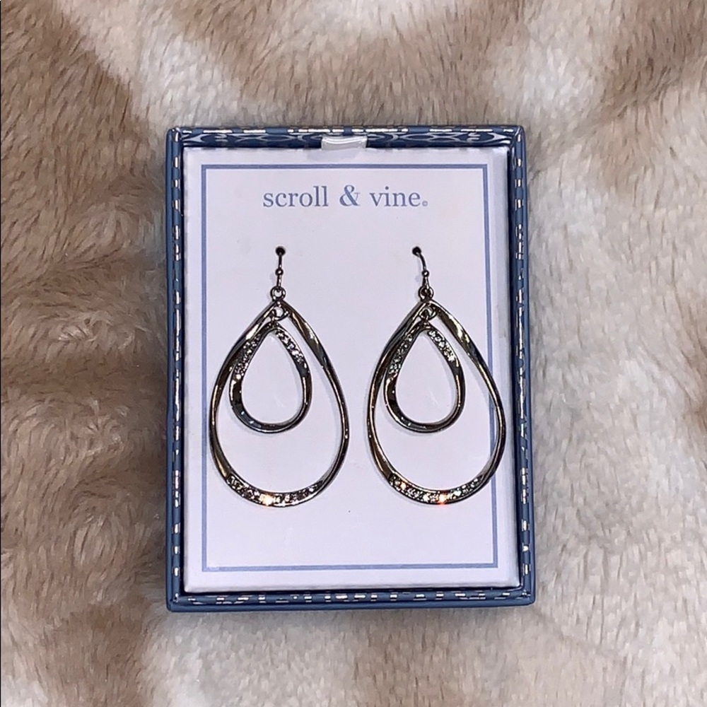 Scroll and Vine silver earrings with rhinestones